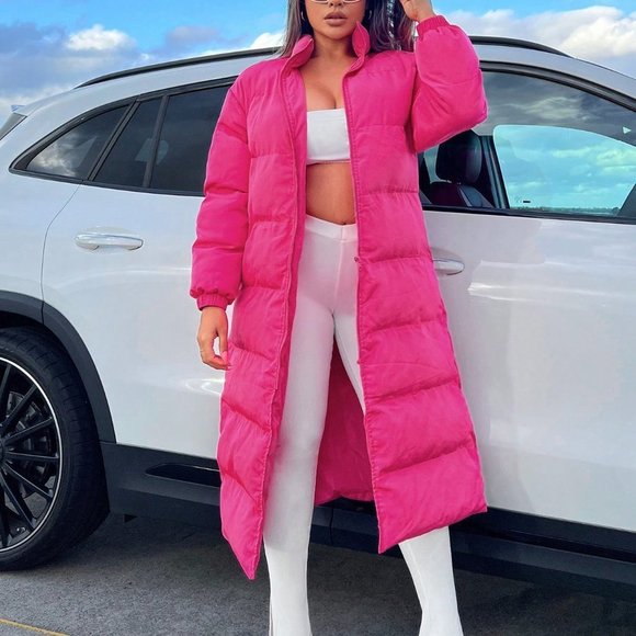 . Jackets & Blazers - Hot Pink Preppy Womens Solid Zip Up Puffer Coat